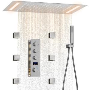 Smart Digital Display Shower System Brushed Nickel Shower Faucet Set with 14X20 inch Ceiling Rainfall Shower, 6 Body Jet, Handheld Spray