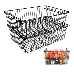 Set of 2 Stackable XXL Wire Baskets For Pantry Storage and Organization -16x12in Large Metal Food Baskets -Vegetable,Fruit,Potato,Onio, Pantry Storage Bins With Handles (Black, XXL)