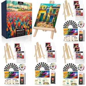 4 Pack Painting Set for Adults or Family Groups, 124 PCS Paint Sets with 4 Table Easels,48 Acrylic Paints,12 Pre-Drawn & Blank Canvases for Painting,48 Brushes,4 Pencils,4 Palettes and Painting Guides