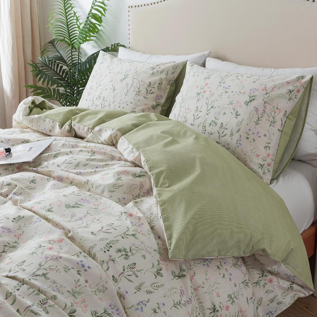HoneiLife Floral Duvet Cover Queen - 100% Cotton Comforter Cover, Botanical Bedlinen Set for Queen Beds, 3-Piece Wildflower Comforter Cover Sets (Queen/Full-90"x 90", Pale Yellow)