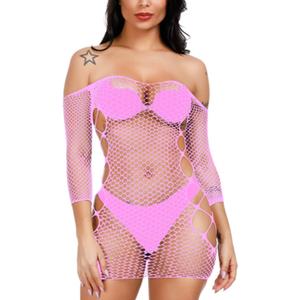 Women Fishnet Lingerie Babydoll Halter Stretch Chemise Bodysuit One Size Mini Dress
