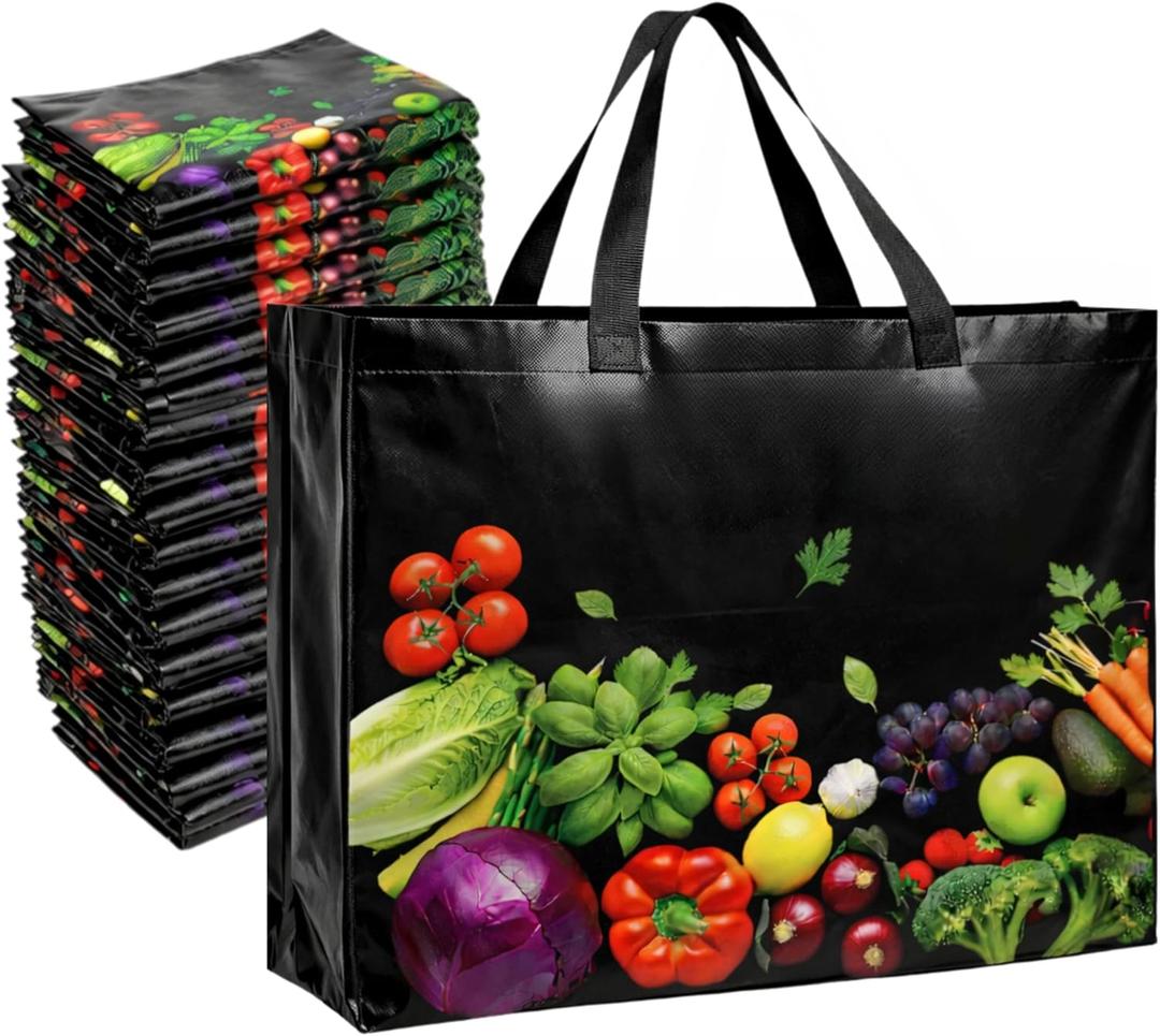 Simply Cool 50 Pack Reusable Grocery Bags, Large Tote Bags Bulk, Printed | 13”x12.6”x7.25" Heavy Duty Non-woven Black Shopping Bags with Handles, Foldable, Washable for Retail and Commercial use