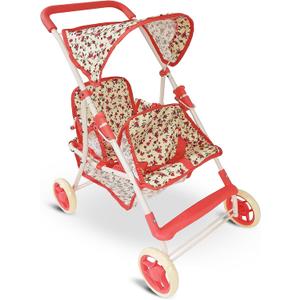 Double Doll Stroller for Twin Dolls & Toddlers - 25' Floral Tandem Play Toy Stroller