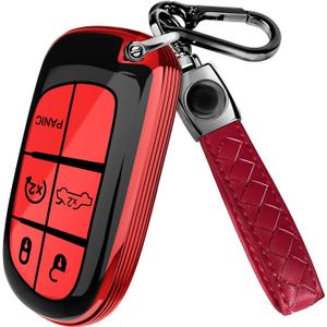 Lucrum Compatible with Dodge, Jeep, Chrysler Key Fob Cover & Leather Keychain, 5 Buttons Keyfob Case for Ram Charger Dart Durango Journey (2011-2025) - Red and Black