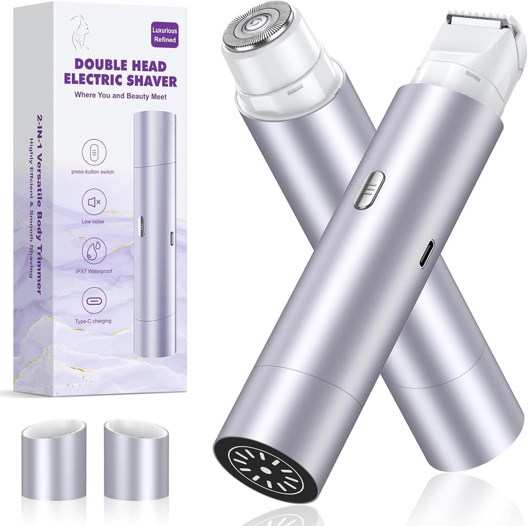 Bikini Trimmer for Women, Dual Head Face Shaver Body Hair Trimmmer, IPX7 Waterproof Womens Electric Razor for Legs, Light Purple