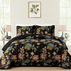 WONGS BEDDING Quilt Set Queen Size, Black Botanical Queen Bedspread Bedding Sets, 3 Pieces Floral Quilt with 2 Pillowcases,Soft Lightweight Microfiber Coverlet Set for All Season(96"X90")