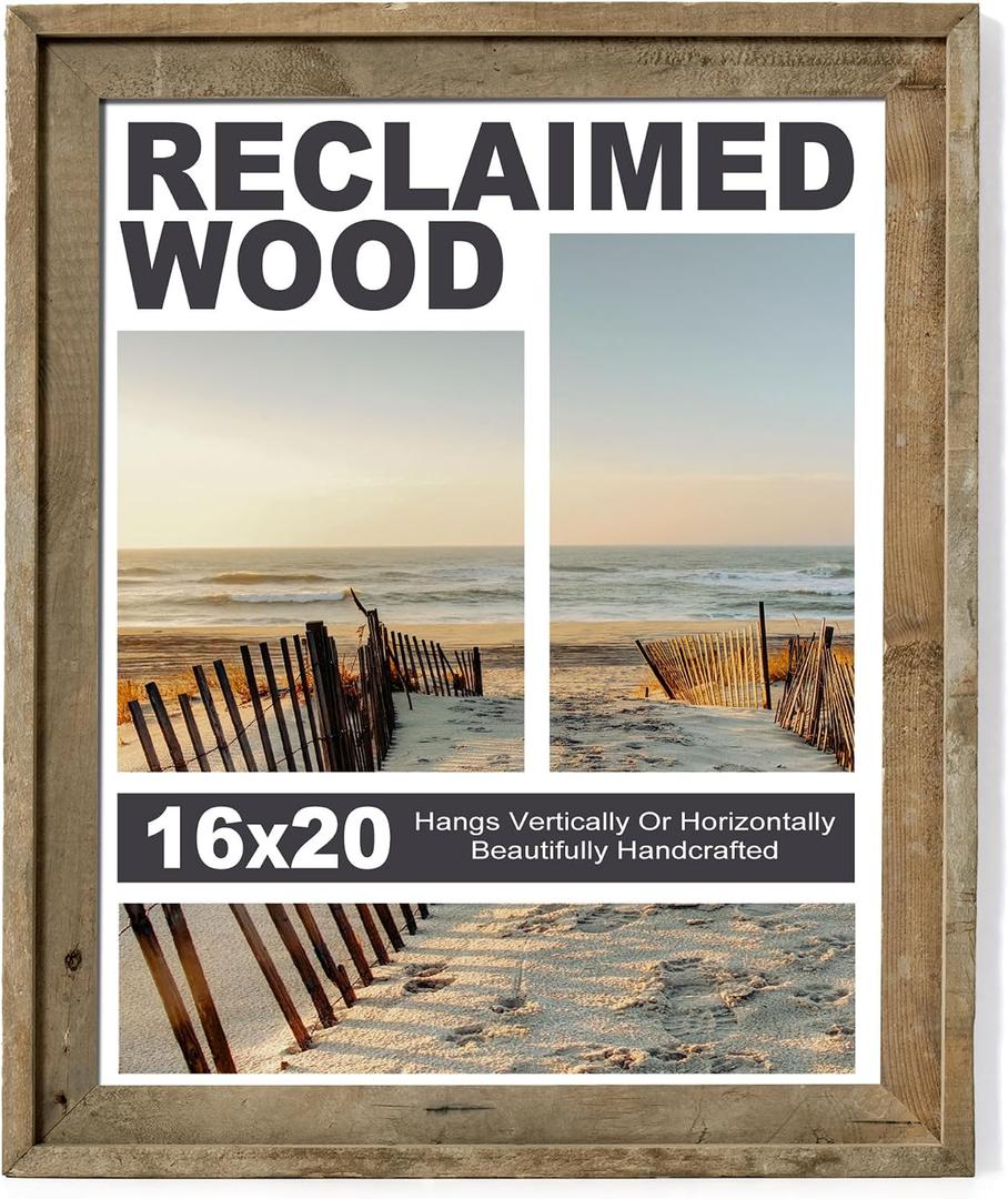 FLYJOE Rustic 16x20 Poster Frame, Reclaimed Barnwood Picture Frame with HD Tempered Glass, Distressed Family Art Gallery Corner, Horizontal and Vertical Wall Mounting Display with Hardware, Set of 1, 16x20, 1P