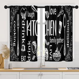 Arttown Black Kitchen Curtains 45 Inch Length White Doodle Window Short Tier Curtains Over Sink Set of 2, Modern Abstract Kitchen Decor 42x45 Inch