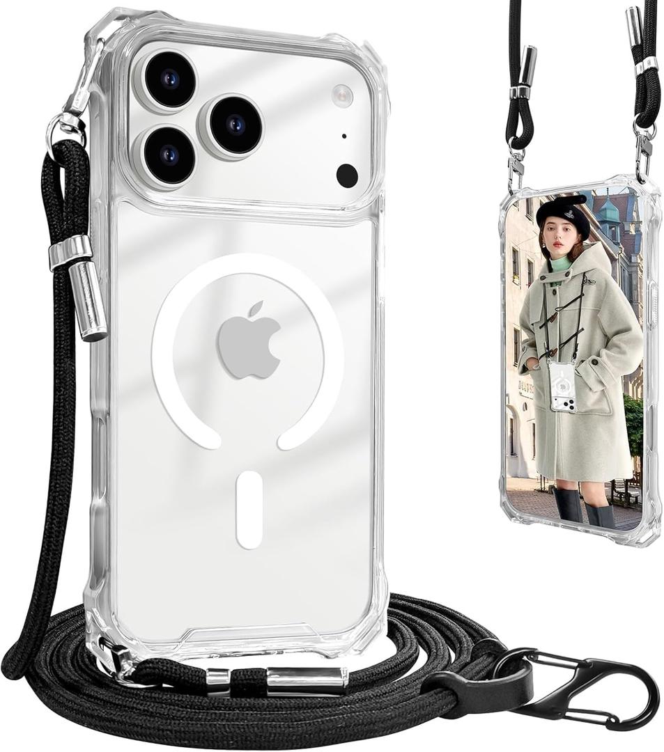 UnnFiko for iPhone 17 Pro Case Clear, Compatible with Magsafe, Crossbody Phone Case with Shoulder Strap, Shockproof Drop Protection, Magnetic Phone Case for iPhone 17 Pro (Clear)