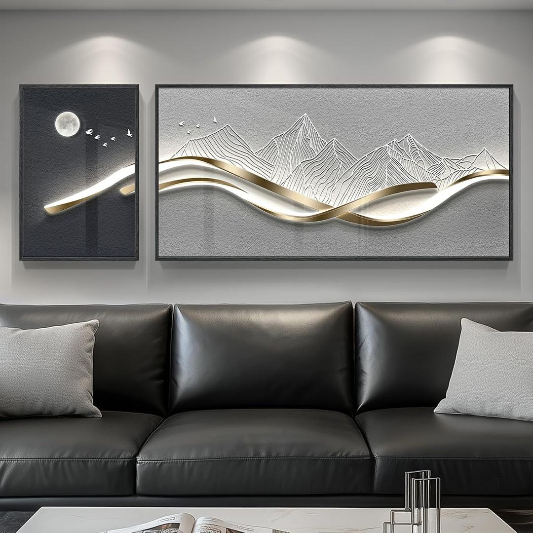 Large Framed Modern Abstract Wall Art for Living Room, 2 Piece Silver Mountain Bright Style Artworks for Wall, Luxury Gray Blue Minimalist Painting Prints for Bedroom Hallway Home Office Wall Decor