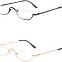REAVEE 2 Pack Retro Designer Half Moon Reading Glasses for Women Men Spring Hinge Half Frame Readers Stylish Slim Eyeglasses with Pouch, Gold and Gun Grey 1.0