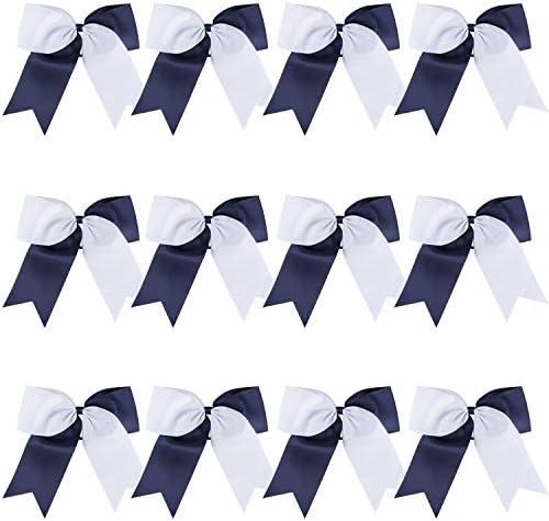 8 Inch 2 Colors Jumbo Cheerleader Bows Ponytail Holder Cheerleading Bows Hair (Navy blue/White) 12 piece