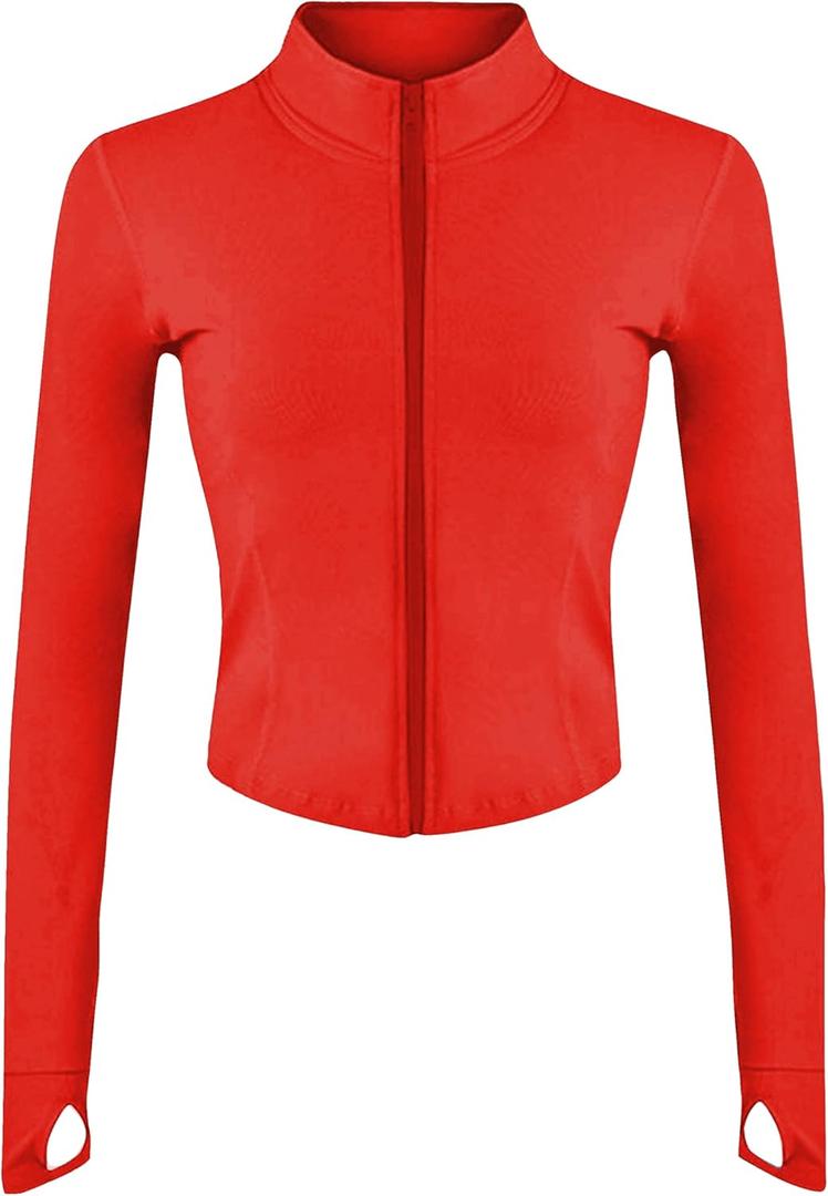 Lviefent Womens Lightweight Full Zip Running Track Jacket Workout Slim Fit Yoga Sportwear with Thumb Holes (Large, Red)