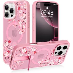 AIGOMARA Magnetic Stand for iPhone 16 Pro Case, Aesthetic Cute Pink Floral Flower Design for Women Girls, Compatible with Magsafe, Slim Translucent Matte Protective Kickstand Phone Case