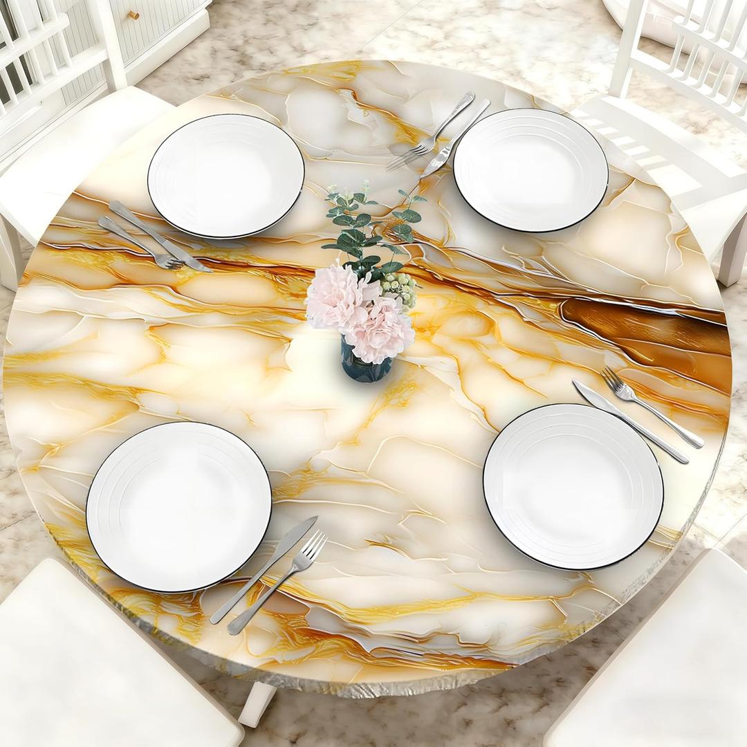Marble Grain 48 Inch Round Fitted Cloth Tablecloth with Elastic Edged, Waterproof Oil Proof Wipeable Table Cover for Indoor Outdoor Patio Table, Fits Round Tables Up to 46" - 50" Diameter
