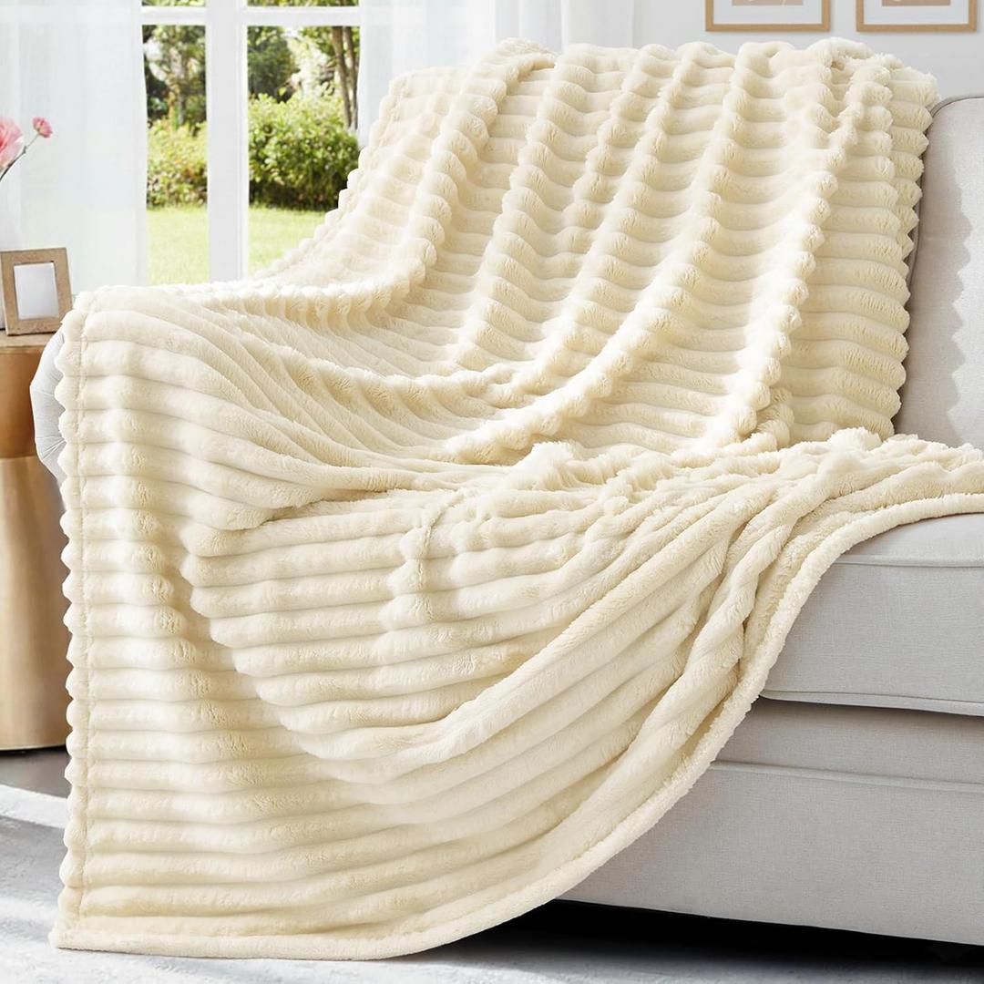 decorUhome Soft Fleece Beige Throw Blanket for Couch, Cozy Fluffy Plush Flannel Striped Blanket for Sofa Bed, Lightweight Decorative Ribbed Fuzzy Blanket for Woman, 50x60 Inches