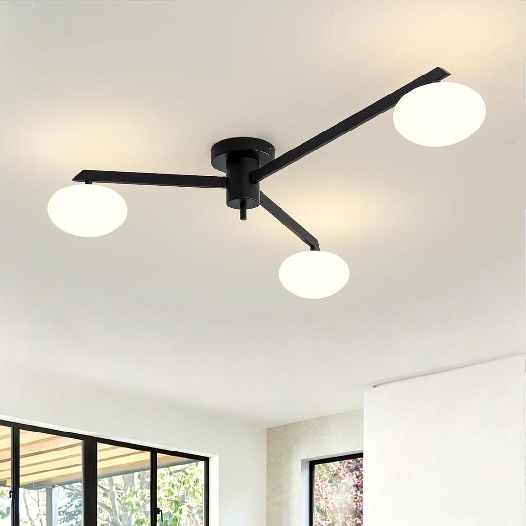 Mid Century Sputnik Ceiling Light, 3-Lights Black Off Center Light Fixture