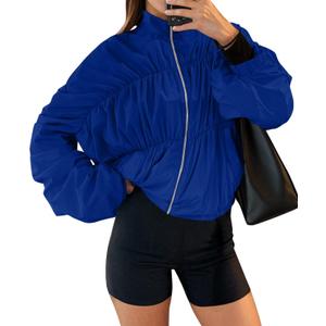 Yousify Womens Lightweight Bomber Jacket Oversized Batwing Sleeve Zip Up Stand Collar Ruched Coat Jackets with Pockets (Medium, Blue)