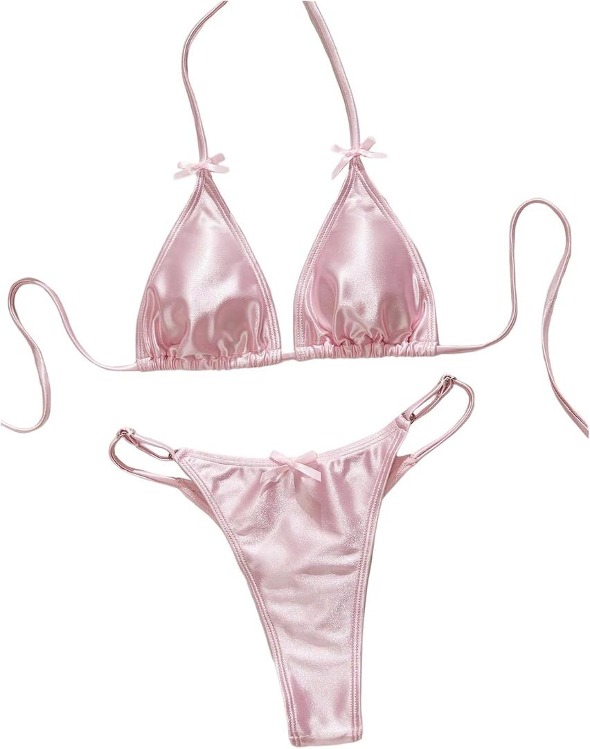 Floerns Women's Cute Satin Thong Bikini Sets Triangle Swimsuit Halter String Bathing Suit (Pink, L)