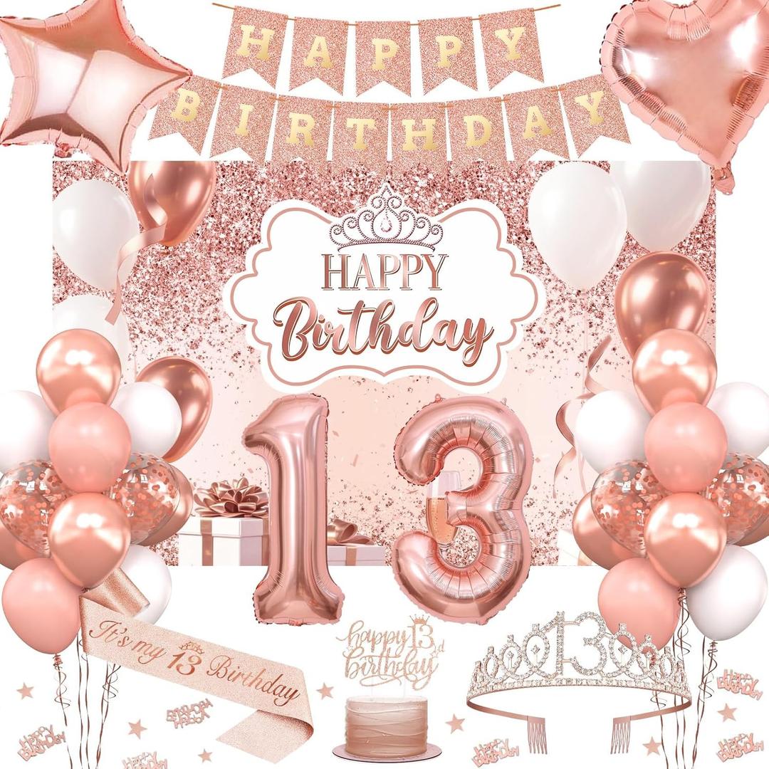 13th Birthday Decorations for Girls, 52pcs Sweet Rose Gold Happy 13 Birthday Decorations Including 13th Rose Gold Crown, Sash, Banner, Background for 13 Party Decorations Set