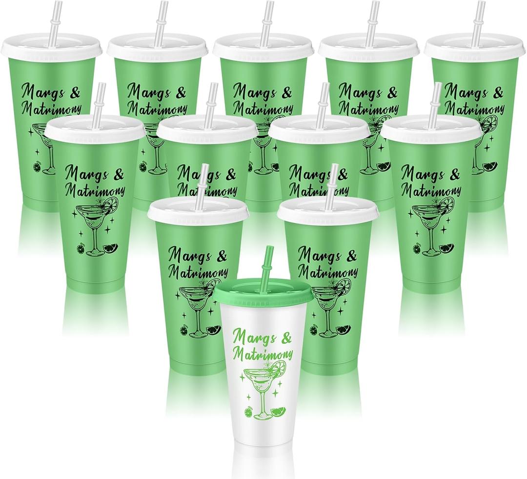 Domensi 12 Pcs Margs and Matrimony Bachelorette Party Plastic Cup 24oz Margarita Cups Margs and Matrimony Plastic Tumblers with Lids and Straws for Wedding Bridal Shower Party Favors Gifts Decorations (Green)