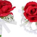 MAFELOE 2 Pieces Party Prom Homecoming Artificial Rose Wrist Corsage and Boutonniere Set, Groom Groomsmen Bride Bridesmaids Wedding Simulation Flowers Accessories Suit Decorations - Red