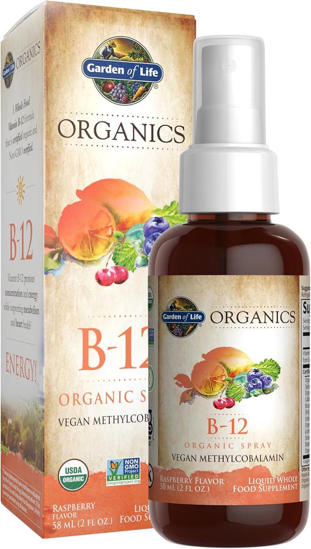Garden of Life Organics B-12 Spray with Methylcobalamin  Liquid Vitamin Spray for Energy, Metabolism & Heart Health Support, Raspberry Flavor, 2 Fl Oz Bottle, 140 Servings