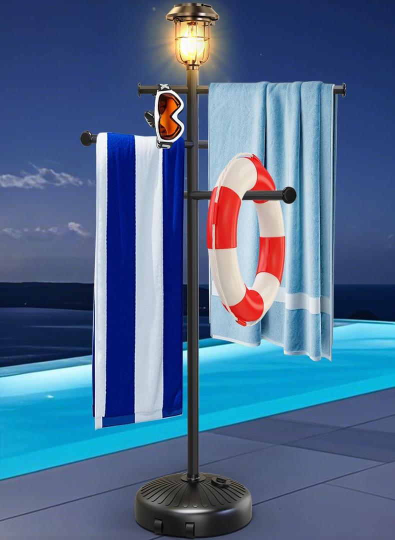 63" Solar Light Pool Towel Rack, Outdoor Towel Rack with Wheels, 6 Adjustable Bars Hot Tub Accessories, Free Standing Towel Holder for Pool, Spa, Hot Tub