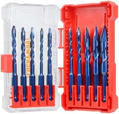 Luckyway 10-Piece 5/32"-1/2" Special Crooked Head Eccentric Drill Bit Set Professional Masonry Drill Bit Set Concrete Drill Bit Set for Glass,Brick,Plastic,Cement,Wood,Tile,Metal with Bit Storage Case