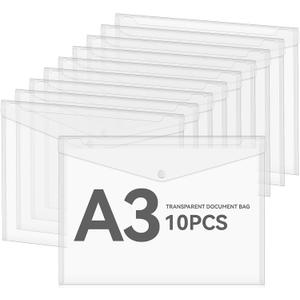 10 Pieces 11x17 inch Plastic Envelopes Poly Envelopes Clear Snap Closure File Folder with Snap Closure A3 Letter Size Closure Plastic Folders for School Home Work Office Organization