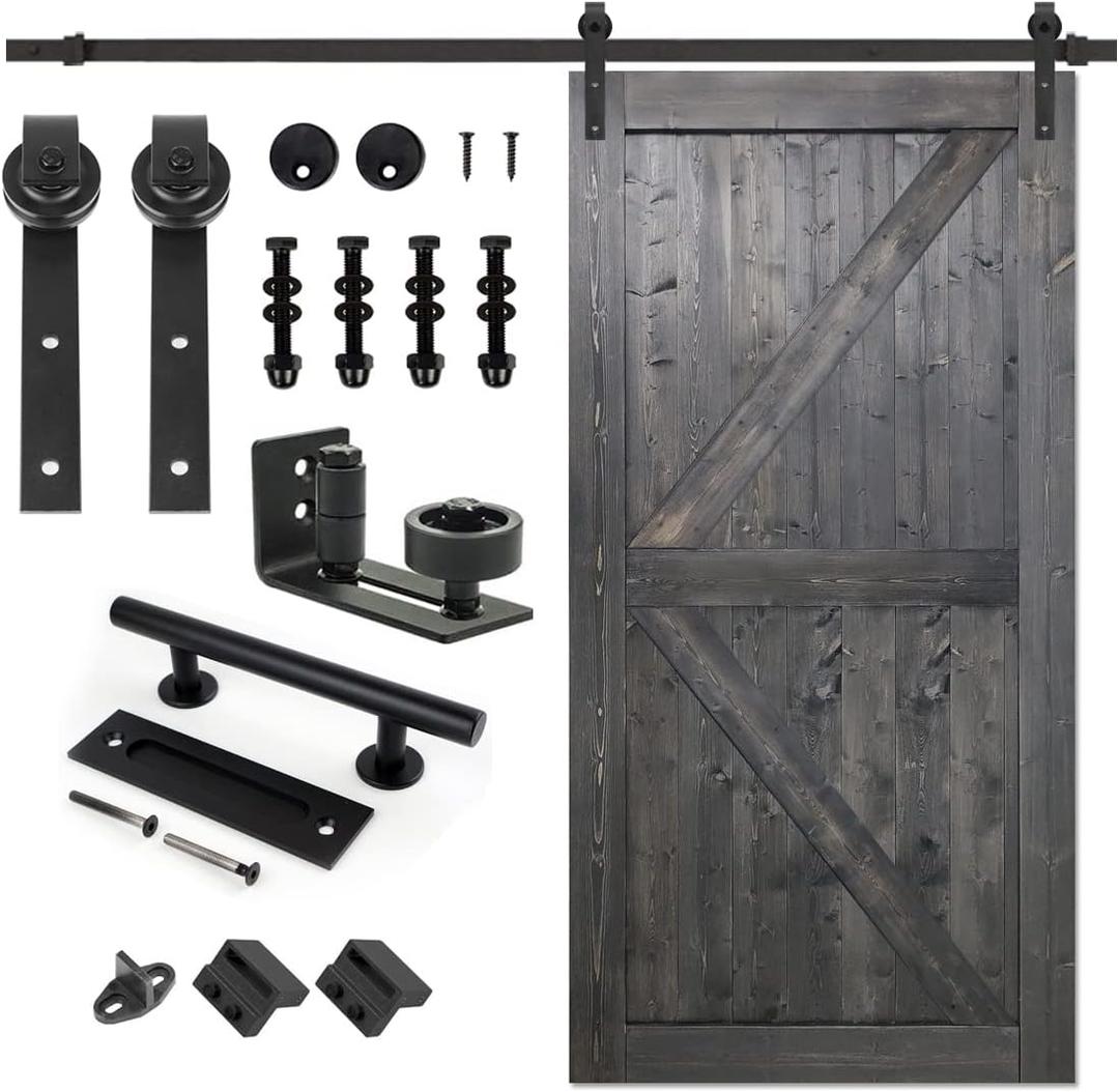 S&Z TOPHAND 42 in x 84 in Deep Gray British Brace Knotty Barn Door with 8FT Sliding Door Hardware Kit/Double -Sided Door Handle/Double Surfaces/Simple Assembly is Required