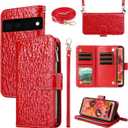 Luxury Wallet Case for Google Pixel 6 with Flip Zipper Purse Wrist Strap Shoulder Strap Reflection Pleated Pattern PU Leather Card Holder Stand Cell Phone Cover for Pixel6 Pixle Six Women Red