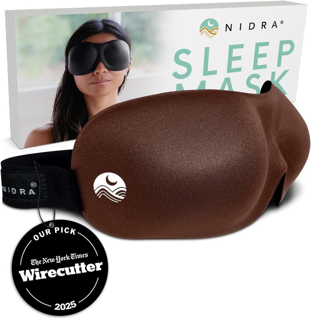 Nidra Contoured Sleep Mask for Side Sleepers, Zero Pressure Fit, 100% Light Blocking Eye Shades for Sleeping & Travel, Lash Extensions, Adjustable Strap, Ultra-Soft Comfort (Standard Size, Brown)
