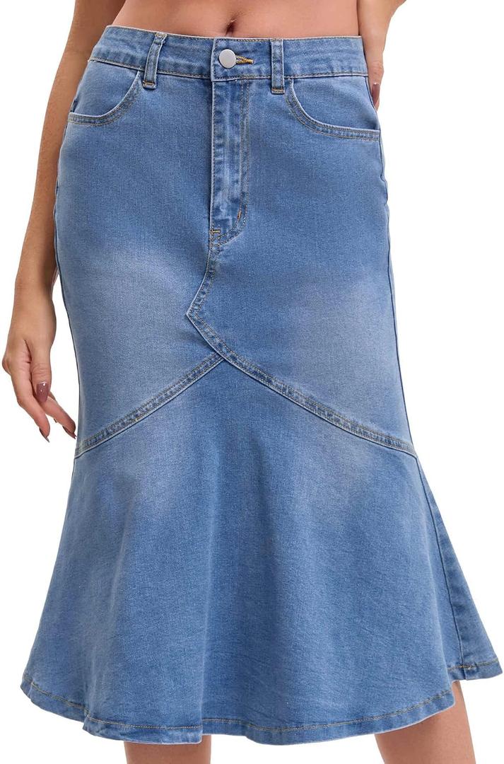 Women Midi Jean Skirt High Waisted Ruffled Bodycon Fishtail Denim Skirts (Blue) L