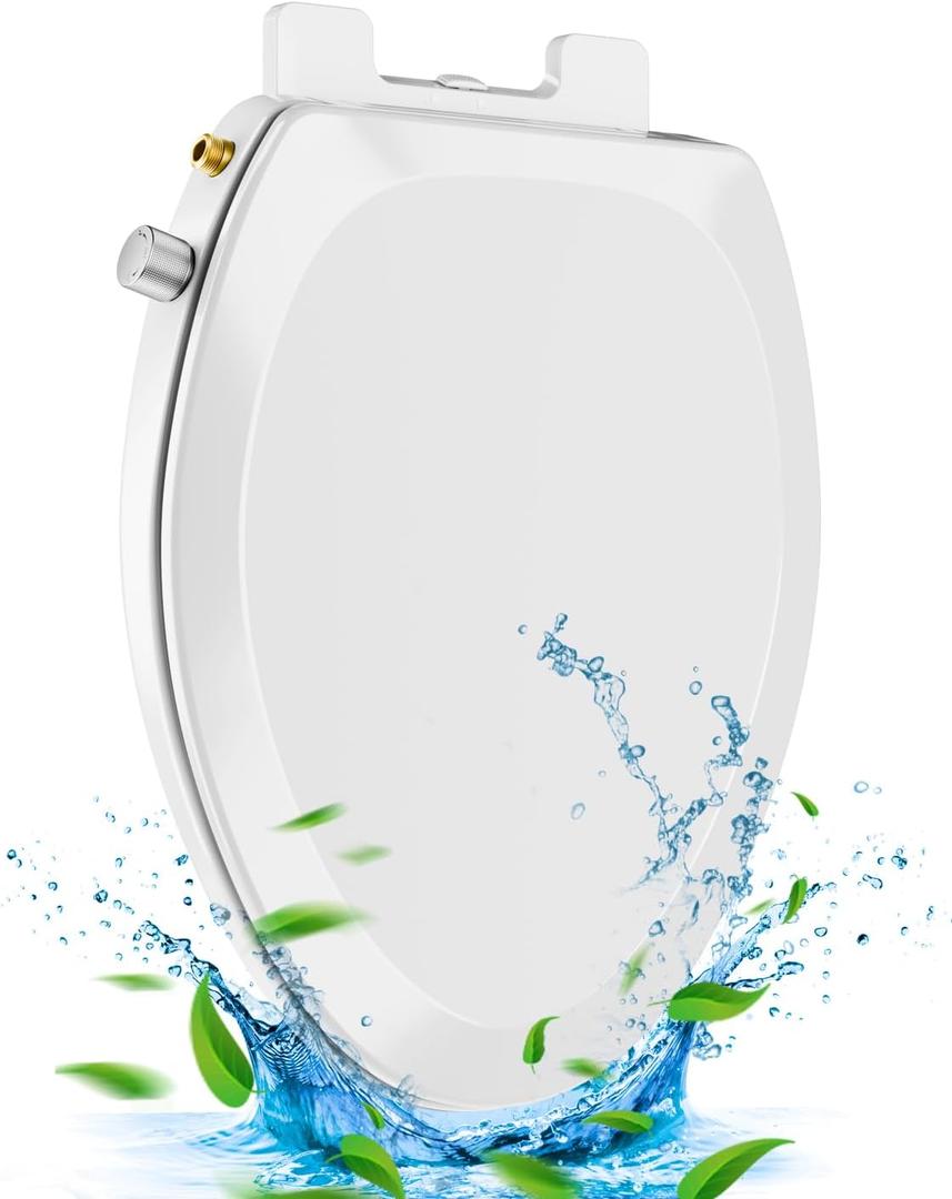 Non-Electric Elongated Bidet Toilet Seat with Quiet-Close and Self-Cleaning Dual Nozzles, Easy Installation, White - Fits Elongated Toilets, Brass Inlet
