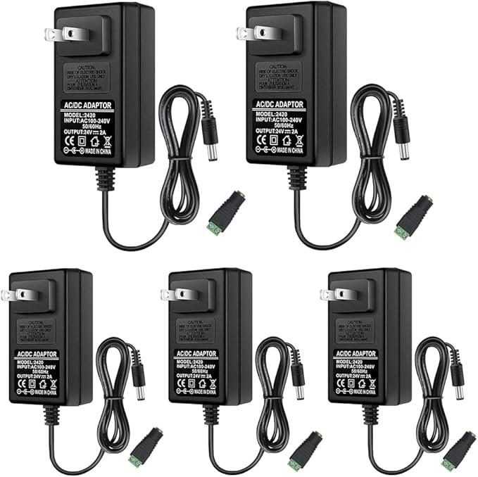 24V Power Supply, 24 Volt 2A 48W LED Power Supply Adapter, AC 100-240V to DC 24V Converter Transformer for LED Strip Lights, Wall Plug Power Adapter with 5.5/2.1 DC Female Connector (5 Pack)