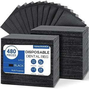 480 Pack Disposable Dental Bibs 13"x18", 3-Ply Waterproof Tattoo Bibs Sheet for Nail Salon, Dental Clinic, Feeding, Tattoo Shop (Black)