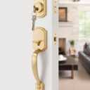 1 Pack Gold Front Door Handle and Deadbolt Set Reversible Brushed Brass Lever Entry Lock Handleset with Key Single Cylinder