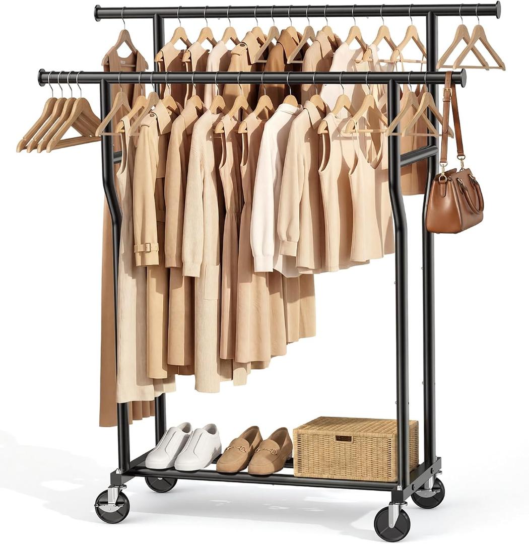 Clothes Rack, Double Rods Rolling Clothing Rack for Hanging Clothes Load 260 LBS Closet Rack with Wheels, Metal Portable Garment Rack for Bedroom Laundry Living Room, Black
