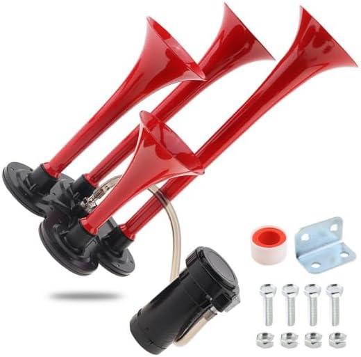Train Horns Kit, 4 Trumpet Truck Air Horn Kit, 12V 185dB Super Loud Train Horns Four Trumpet Air Horns with Compressor for Vehicle Cars Trucks Pickup Trains Lorrys Boats, Red