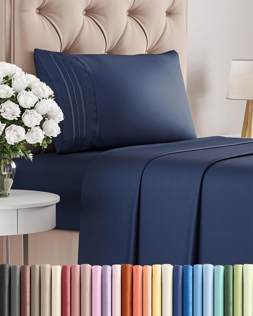 Twin Size 3 Piece Sheet Set - Comfy Breathable & Cooling Bed Sheets Set - Hotel Luxury Bedding for Women, Men, Kids, Teens, Boys & Girls - Deep Pockets, Ultra-Soft, Wrinkle Free - Oeko-Tex - Navy Blue