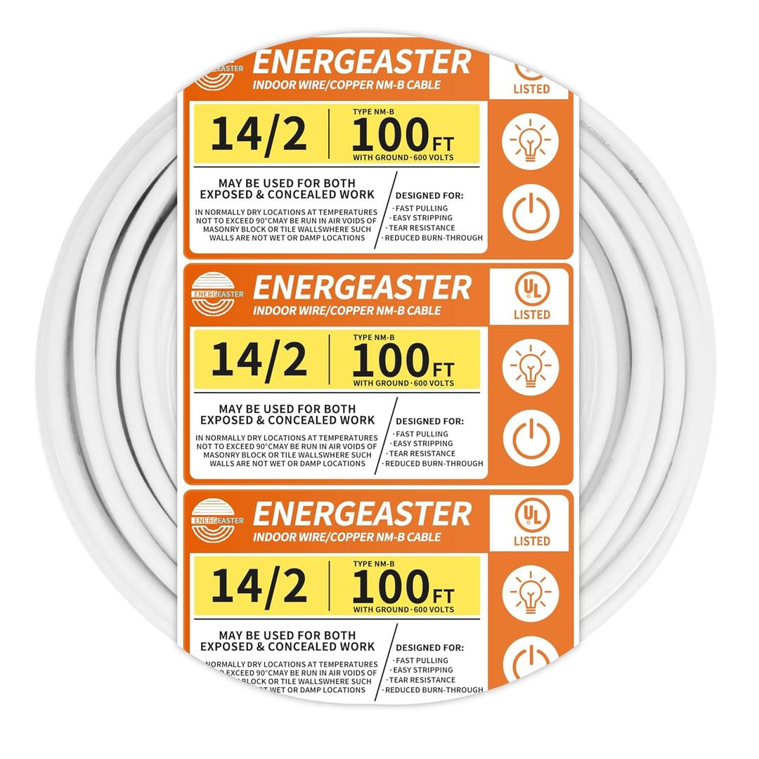 Energeaster Solid Indoor 14/2 W/G NMB Cable 100ft CoilElectrical Wire 14 Gauge Wire 2 Conductors Non-Metallic with Ground Wire(White)