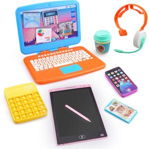 Pretend Play Home Office Set-Toy Kids Laptop,2 Cell Phones,LCD Writing Tablet,Pop Fidget Calculator,Headset & Beverage Cup for Toddlers(Ages 3+)-Work Simulation Play