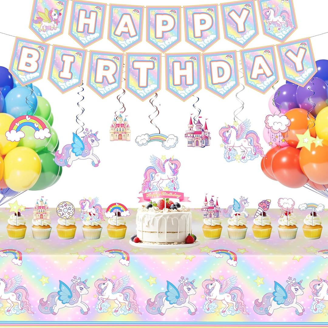 2 x Unicorn Birthday Party Decorations for Girl - Purple Pink Theme Balloon Set, Rainbow Balloons With Heart and Star for Baby Shower Kids Supplies (Multi)