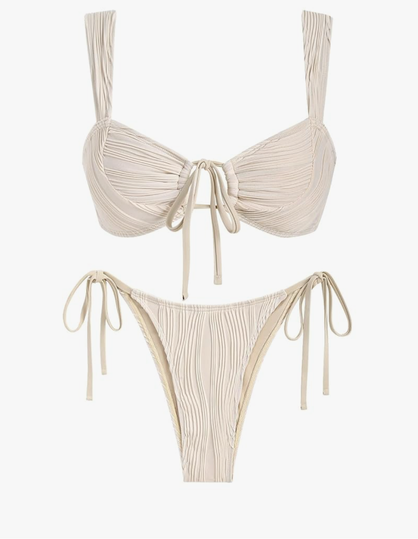 ZAFUL Women's Cinched Bikini Solid Color Wave Textured Knotted Tied Side Two Piece Swimsuit Bathing Suits, Size M