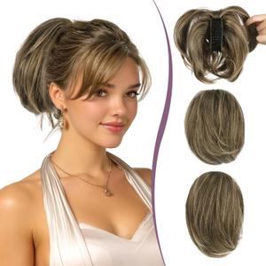 RUWISS Claw Clip Short Human Hair Ponytail Extension with Bendable Metals for DIY Styles Straight Messy Bun Hair Piece for Women Hairpieces for Daily Wear, 9 Inch Dark Brown with Blonde Highlight