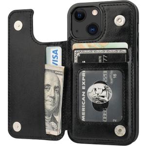 ONETOP Compatible with iPhone 13 Mini Wallet Case with Card Holder, PU Leather Kickstand Card Slots Case, Double Magnetic Clasp and Durable Shockproof Cover 5.4 Inch(Black)