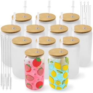 Joyclub 12 Pack Sublimation Glass Cups Blanks with Bamboo Lid 16 OZ Frosted Glass Beer Cans Mason Jar for Iced Coffee Juice Soda Drinks