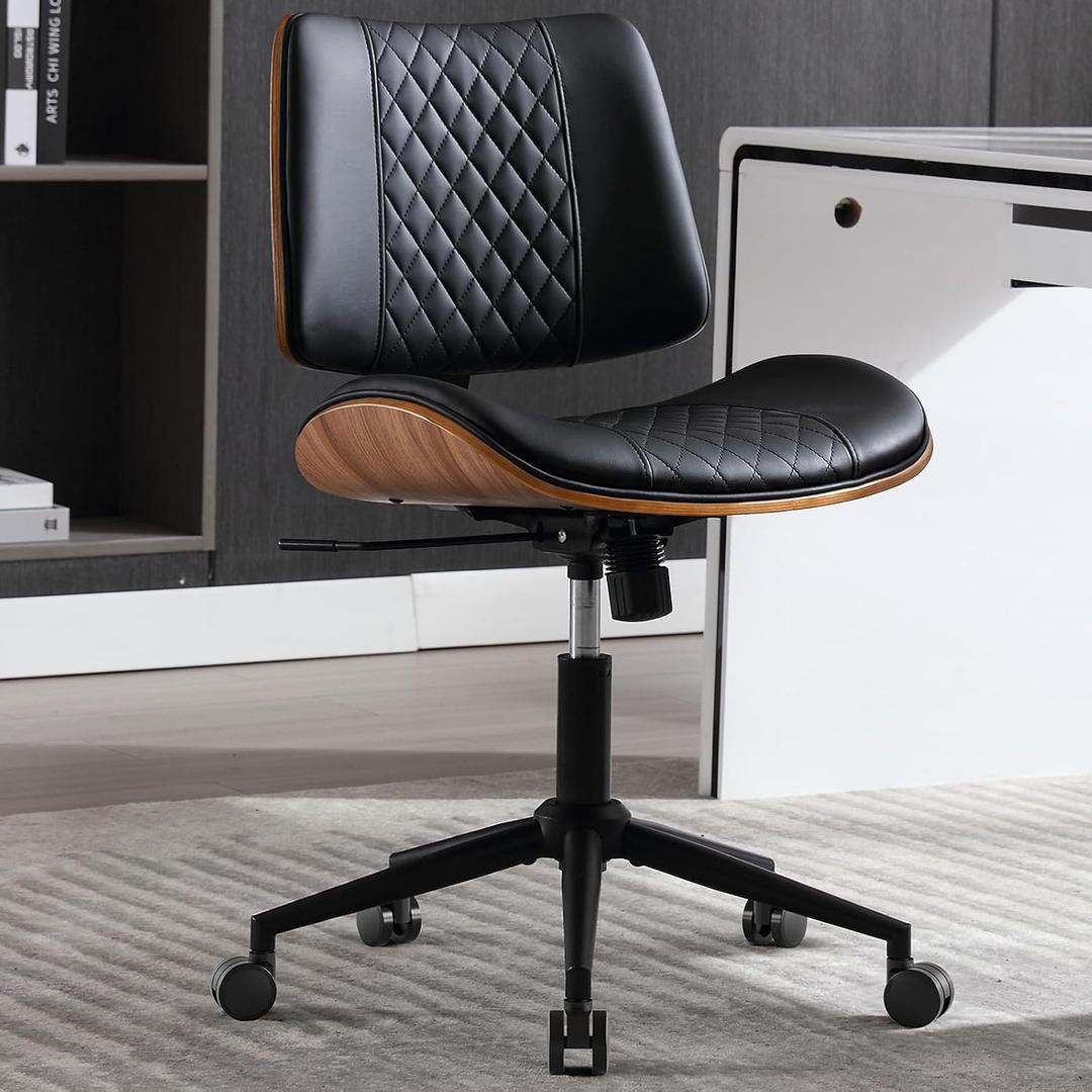 Home Office Chair No Arms with Wheels, Mid Back Walnut Style, Black, Regular