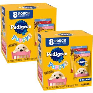 Pedigree Puppy Soft Wet Dog Food Variety Pack, 3.5 oz. Pouches, 8 Count (Pack of 2), BBD 05/2027